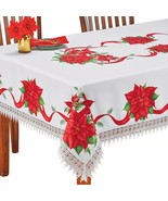 Poinsettia Garland Printed Snowy White Tablecloth Rectangle - $94.35 CAD