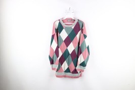 Vtg 90s Streetwear Womens Medium Distressed Pastel Argyle Diamond Knit Sweater - £34.95 GBP