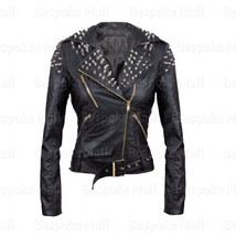New Woman&#39;s Customized  Brando Silver Studded Cowhide Biker Leather Jacket-951 - £181.72 GBP