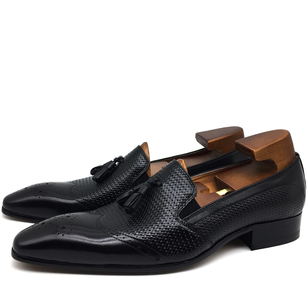 Handmade Mens Black  Leather Slip-on Wingtip Italian Style Brogue Wedding Dress  - $203.13