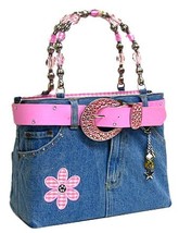 Denim Jean Purse w/ Belt &amp; Key Chain/Flower - Pink - BG-ABJ13MPK (BG-BJ113MPK) - £38.75 GBP