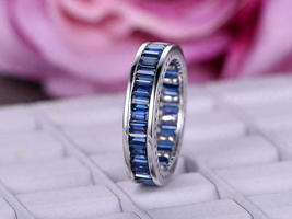 1ct Emerald Cut Blue Sapphire Full Eternity Wedding Band 14k White Gold Finish - £69.87 GBP