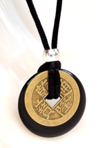 Obsidian Feng Shui Coin Necklace Pendant Gemstone Lucky Amulet 30mm Donut Cord - £13.53 GBP
