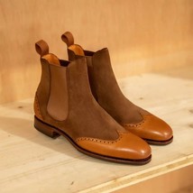 Handmade Men&#39;s Brown Chelsea leather boots, Men elegant Wingtip leather ... - $179.99