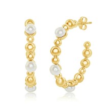 Gold Plated Sterling Silver FWP and Beaded 30mm Open Hoop Earrings - £90.16 GBP