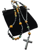 Cross Rosary Hematite 26&quot; Necklace Pendant Obsidian Turquoise Tigers Eye  &amp; Bag - £29.66 GBP