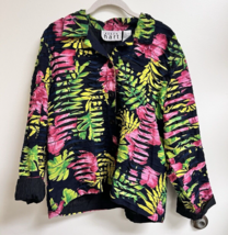 Keren Hart Tropical Floral Women&#39;s Jacket SZ L Textured Black w Pink Green - $18.32