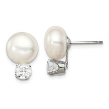 Silver RH-pltd 10-11mm FWC Button Pearl White Topaz Earrings QE12801 - $69.08