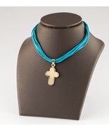 14k Yellow Gold Cross Pendant with 16&quot; Multi-Strand Blue Cord - $720.40 CAD
