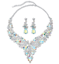 Pear Aurora Borealis Crystal Simulated Pearl Earrings Bib Necklace Silvertone - £79.92 GBP