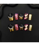 glam press on nails gold foil  leopard print  pearl accent  black gold b... - $28.99