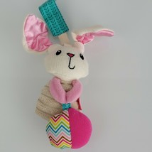 Infantino Stuffed Plush Knit Bunny Rabbit Pink Satin Ear Rattle Baby Toy Clip on - $24.74
