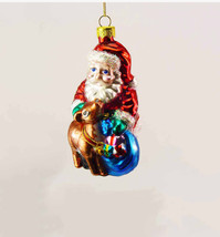 Vintage Santa Glass Ornament with Baby Reindeer and Gift Sack - $16.40