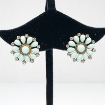 Aqua Cabochon White Rhinestone Flower Pierced Earrings Silver Tone Post Back - £21.79 GBP