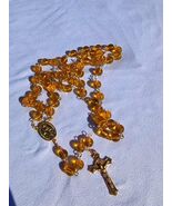 Golden Mercy – 8mm Amber Glass Rosary with Miraculous Medal Centerpiece A51 - $29.69