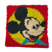 Vintage Disney Mickey Mouse Face Pillow Finished Latch Hook Red 15 x 15 in - $30.77 CAD