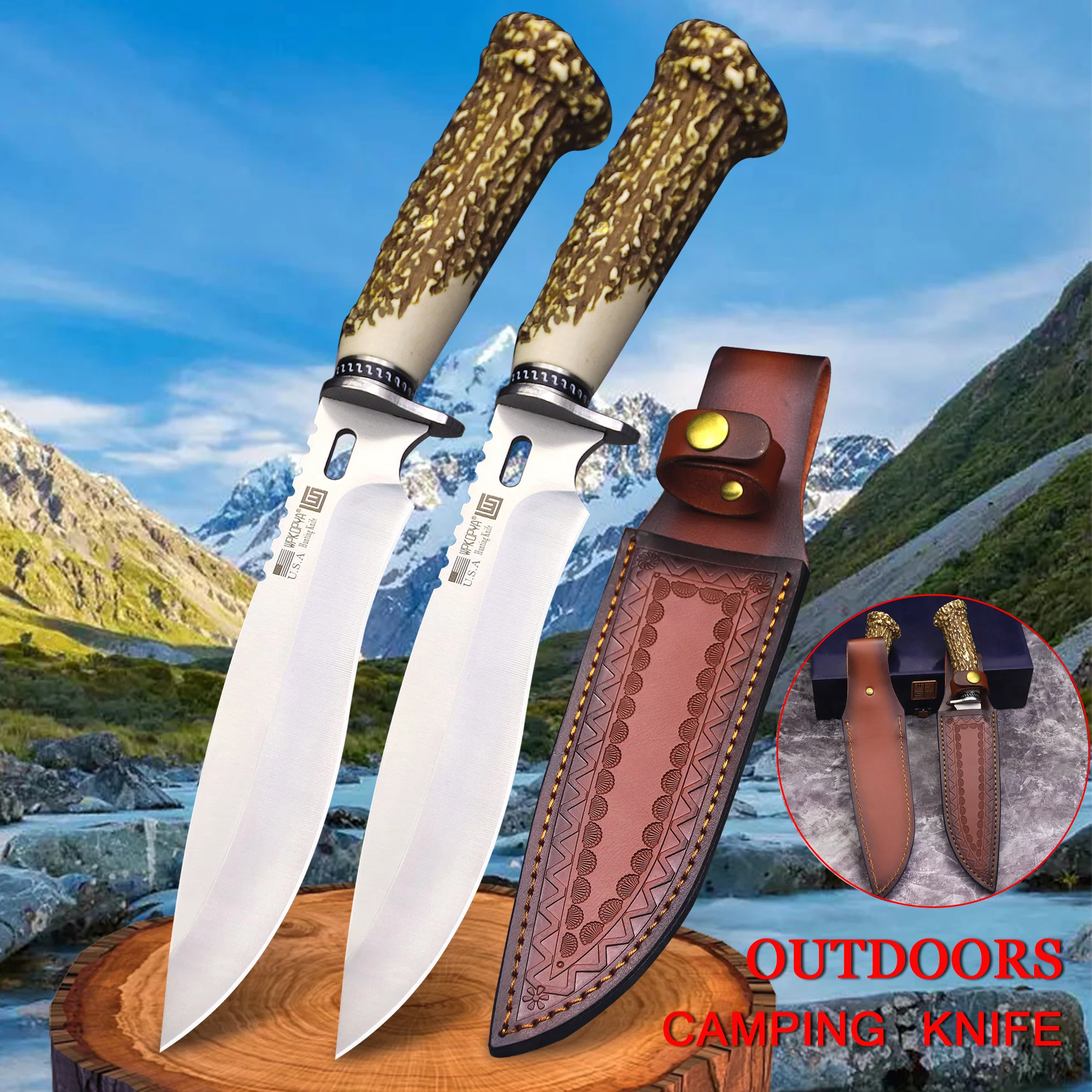 WPKOPYA (USA) Hunting Straight Knife with antler handle, Jungle camping Knife, - £25.54 GBP+