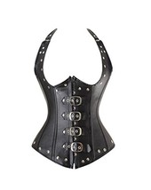 Black Leather Halter Neck Goth Steampunk Halloween Costume Long Underbust Corset - £52.31 GBP