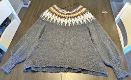 Free People Gray Fair Isle Wool Blend Boat Neck Bishop Sleeve Sweater Sz Small - £35.96 GBP
