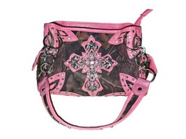 Heritage West Forest Camouflage Rhinestone Cross Purse Hot Pink Trim - £30.30 GBP