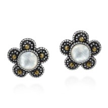 Spring Daisy Flower White Seashell and Marcasite .925 Silver Post Earrings - $12.86