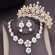 Gold Silver Flower pearl Tiara earrings necklace Set | Bridal pearl neck... - £31.46 GBP