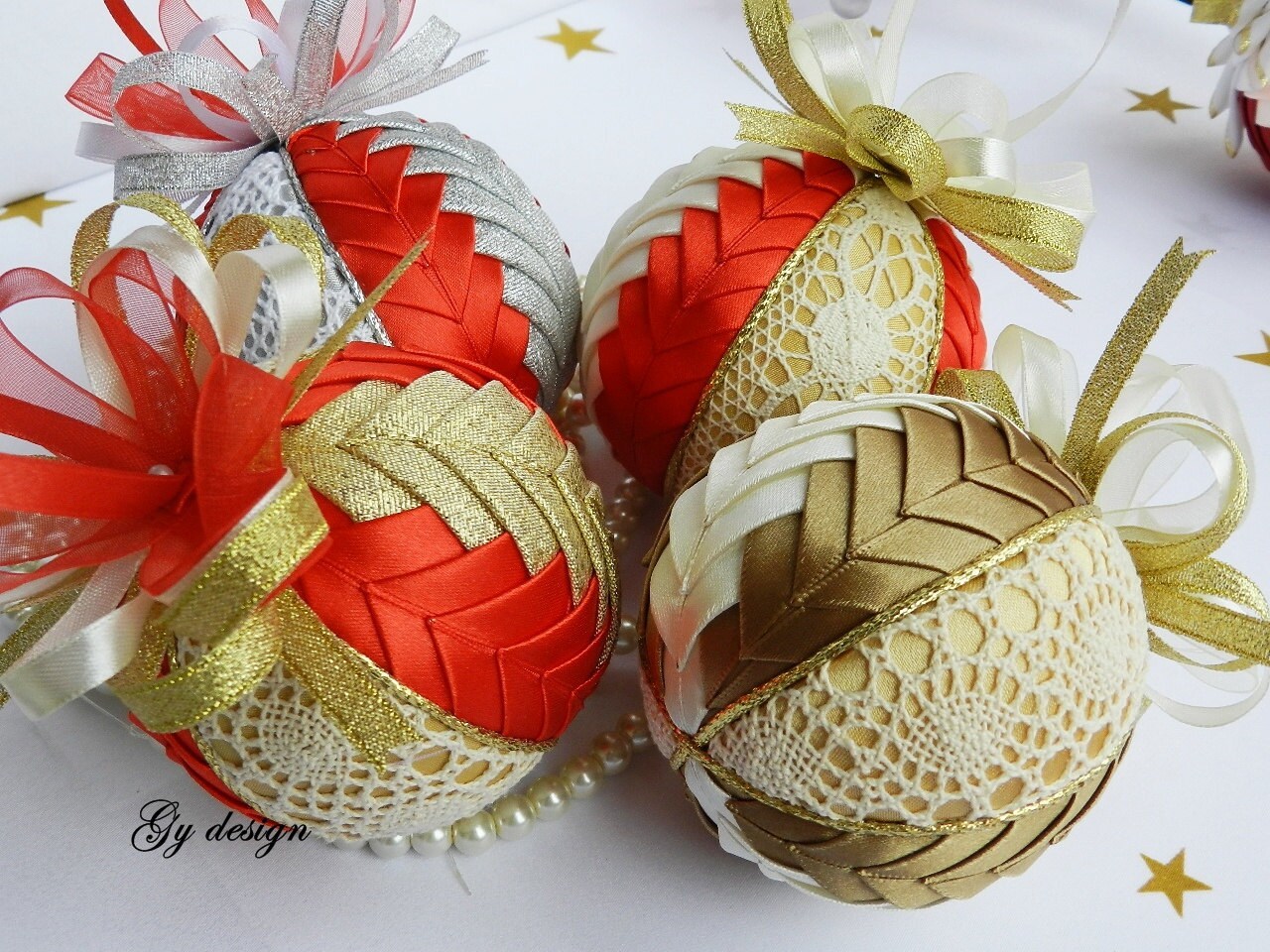 Lace quilted Christmas tree ornaments xmas handmade baubles gold red silver gift