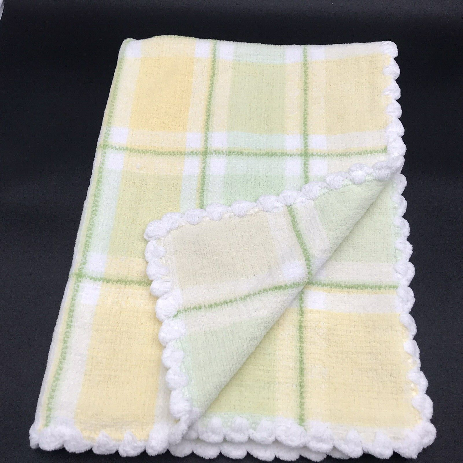 First Impressions Baby Blanket Chenille Plaid Scallop Edge Trim Yellow Green - $21.99