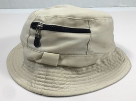 Bucket Hat With Zipper Pocket Vintage Beige Cotton Outdoor Fishing Beach - £11.33 GBP