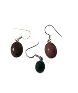 Stone Cabochon Drop Earrings Mixed Colors Red Green Brown Silver Tone - $13.50