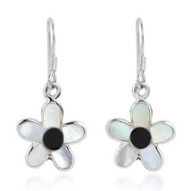Cute Flower w/ Shell &amp; Black Onyx Inlays Sterling Silver Dangle Earrings - £15.02 GBP