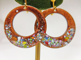 1960s Modernist Confetti Hoop Dangle Mid Century Enamel on Copper Earrings - £7.15 GBP