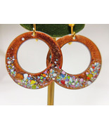 1960s Modernist Confetti Hoop Dangle Mid Century Enamel on Copper Earrings - $9.00