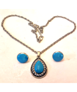 Faux Turquoise Blue Teardrop Pendant Necklace &amp; Southwestern Pierced Ear... - £19.27 GBP