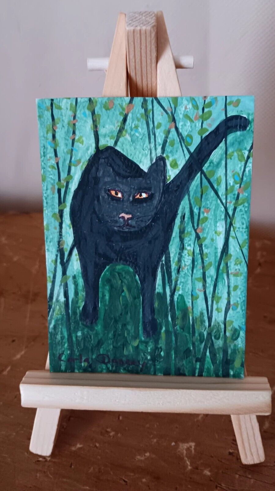 ACEO Original Black Cat In Forest Painting Signed Collectible Mini Art ATC - $4.52