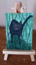 ACEO Original Black Cat In Forest Painting Signed Collectible Mini Art ATC - £3.57 GBP