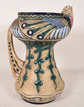 Vintage Signed Czechoslovakia Amphora Art Nouveau Pottery Peacock Bird Vase Ewer - £276.11 GBP