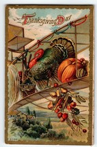 Thanksgiving Postcard Turkey Flying Airplane Plane Fantasy Pumpkin Fruit Falls - £14.19 GBP