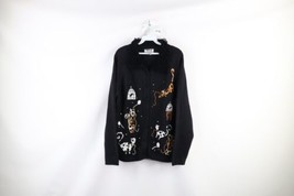 Vintage 90s Streetwear Womens Large Cat Kitten Knit Collared Cardigan Sweater - £58.68 GBP