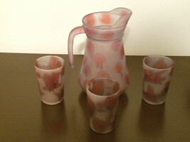 VIntage Purple Frosted Art Design Pitcher and Three Pc. Glass Beverage Set - £38.79 GBP