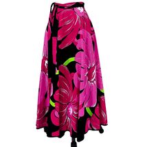 VTG 70s Hot Pink Black Floral Wrap Maxi Skirt Boho Hippie O/S Cotton - $98.95