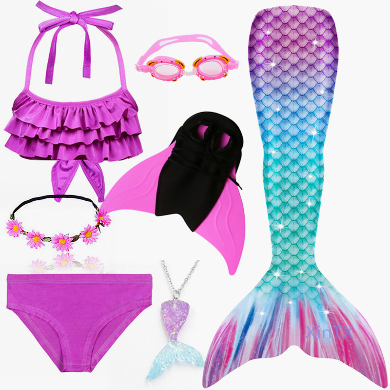 New 7PCS/Set Kid Swimming Mermaid Tail With Monofin  Swimsuit Costume
