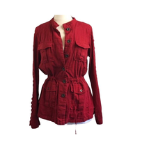 Stoosh Womens Linen Jacket Large Red Button Long Lace Sleeve Drawstring ... - £24.70 GBP