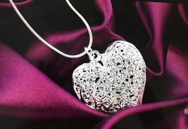 silver plated jewelry charm retro exquisite hollow heart pendant necklace 18 in - £10.27 GBP