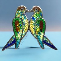Vintage .925 Mexican Silver  Enamel Brooch Brightly Colored Love Birds - $135.00