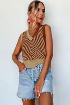 Light French Beige Contrast Chevron Knit V Neck Sweater Vest - $257.27 MXN