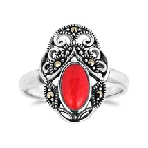 Vintage Royal Swirl Oval Red Coral Marcasite Sterling Silver Ring-8 - £12.69 GBP
