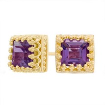 6mm Square Princess Amethyst Crown Stud Earrings 14K Yellow Gold Plated Xmas - £149.46 GBP