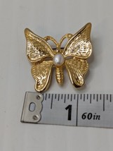 Vintage Signed SFJ Butterfly Insect Faux Pearl Gold Brooch Pin lapel Scarf Gift - £10.51 GBP