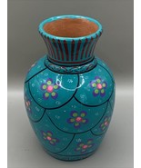 Mexican Art Pottery Vase Floral Hand Painted Red Clay Turquoise Blue/Pin... - $15.00